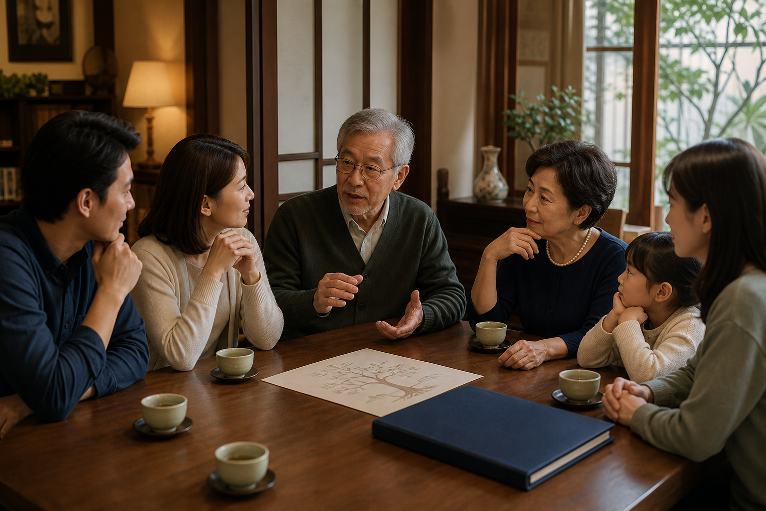 多代家人在餐桌旁安靜對談,桌上有家族樹與藍色文件夾